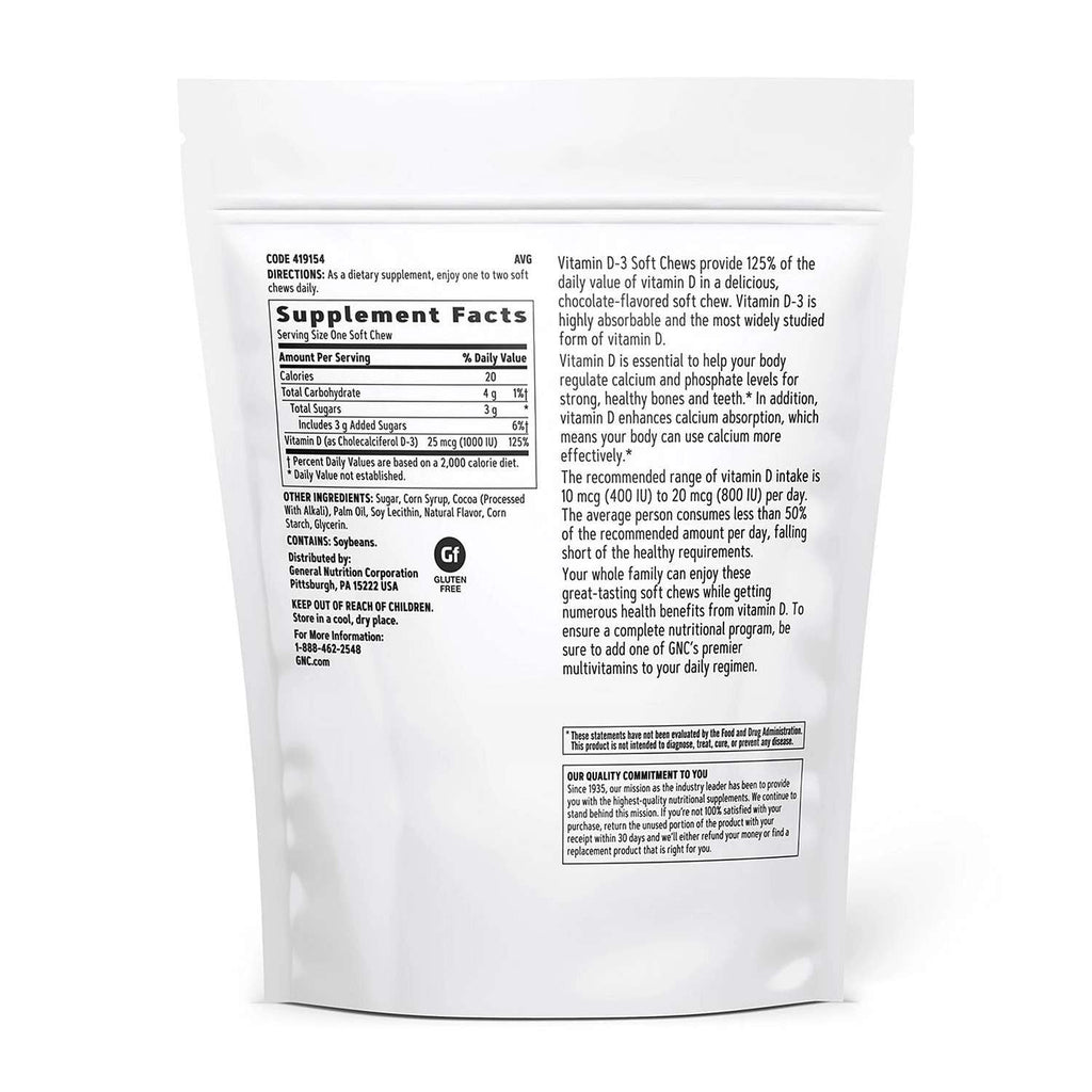GNC Vitamin D-3 Soft Chews 1000 IU, Chocolate, 60 Soft Chews