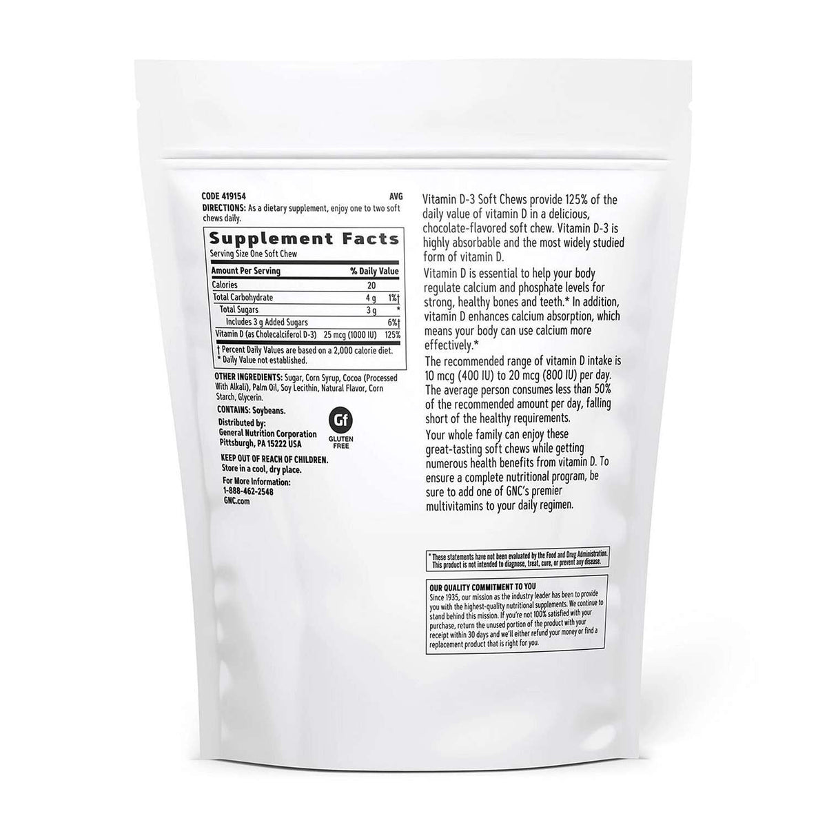 GNC Vitamin D-3 Soft Chews 1000 IU, Chocolate, 60 Soft Chews