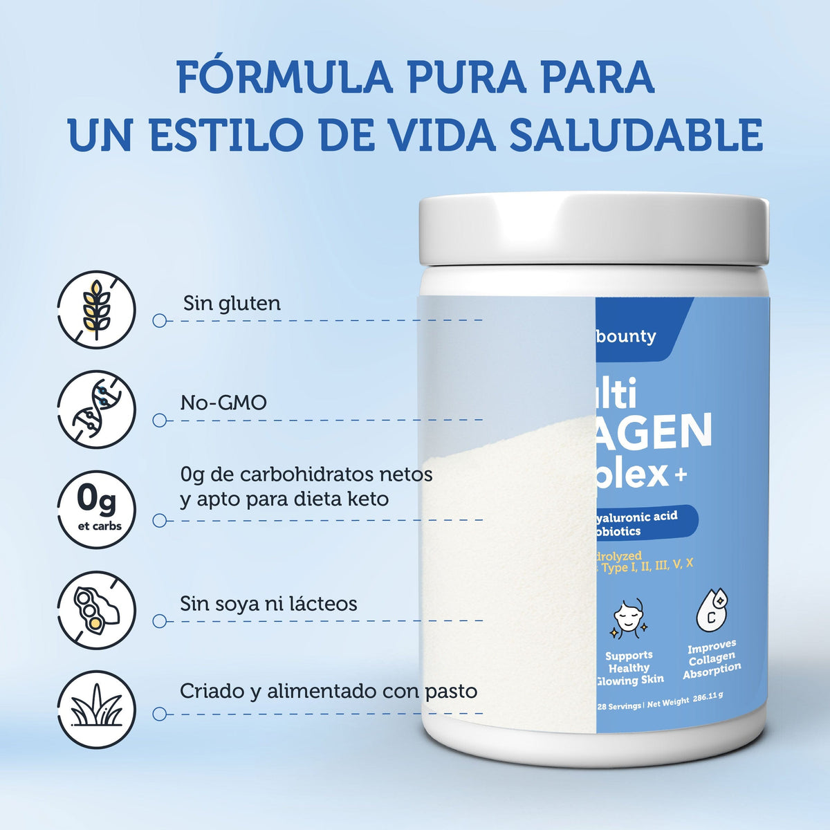 Colágeno Hidrolizado 5 en 1 con Ácido Hialurónico, Vitamina C y Probióticos