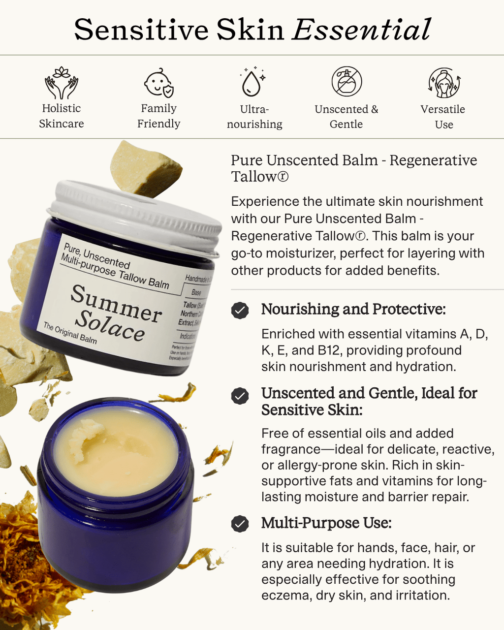 Pure Unscented Tallow Balm | Fragrance-Free Moisturizer for Sensitive Skin